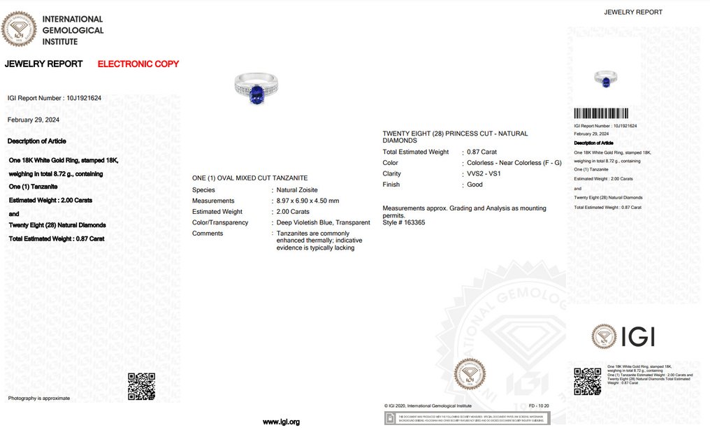 IGI Certificate - 2.87 total carat of tanzanite and diamonds - Ring Hvitt gull Tanzanitt - Diamant #2.1