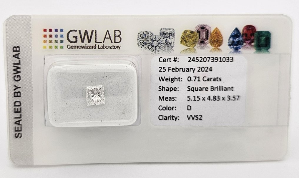 1 pcs Diamante  (Natural)  - 0.71 ct - Cuadrado - D (incoloro) - VVS2 - Gemewizard Gemological Laboratory (GWLab) #3.2