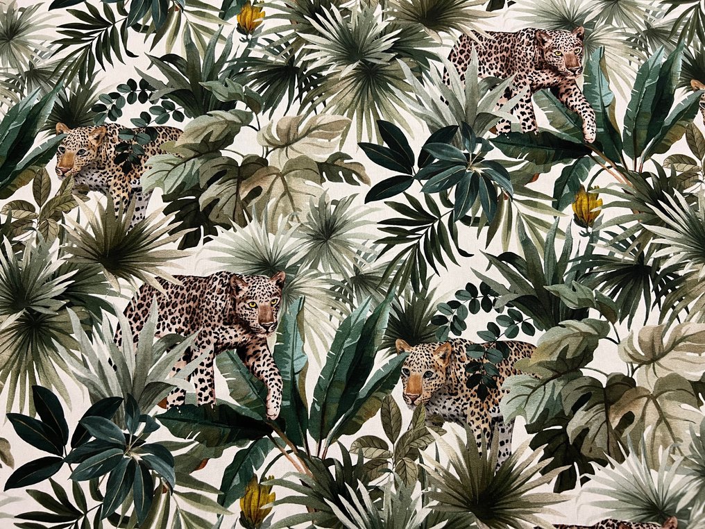 Elegancka tkanina bawełniana - wzór lampartów i roślin tropikalnych - Tkanina obiciowa  - 600 cm - 140 cm #2.1