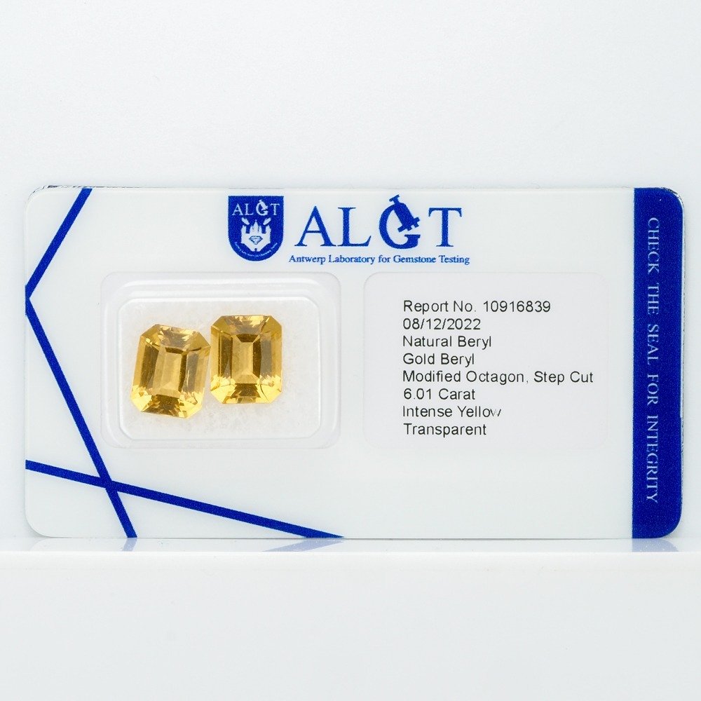 Sem preço de reserva - 2 pcs  Berilo  - 6.01 ct - Antwerp Laboratory for Gemstone Testing (ALGT) - Berilo Amarelo Intenso #1.2