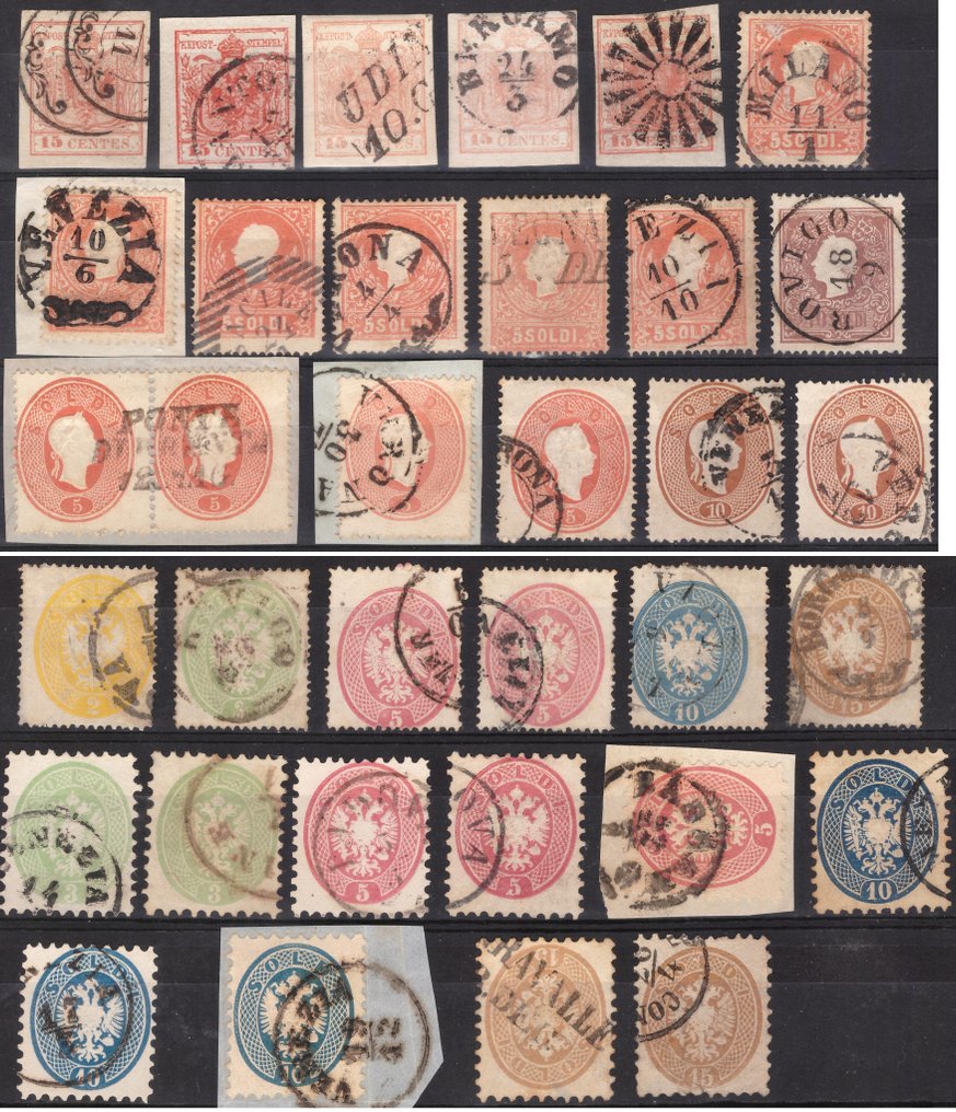 State Italiene Antice - Lombardo Veneto 1850/1864 - Set de timbre reprezentand cele 5 emisiuni - Sassone #1.1