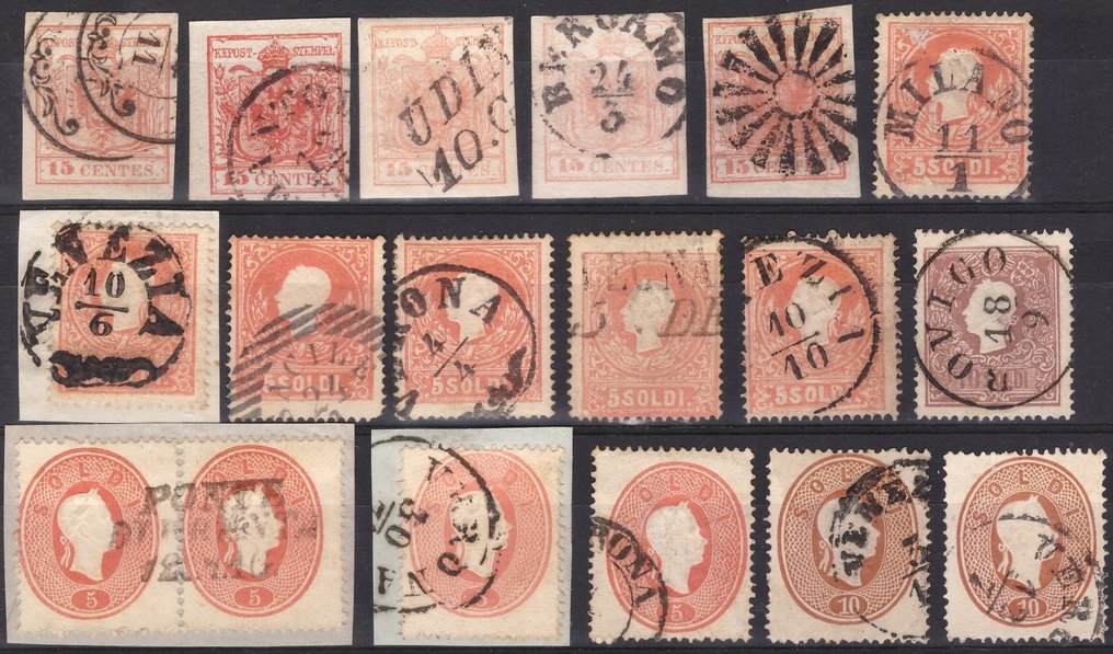 State Italiene Antice - Lombardo Veneto 1850/1864 - Set de timbre reprezentand cele 5 emisiuni - Sassone #2.1