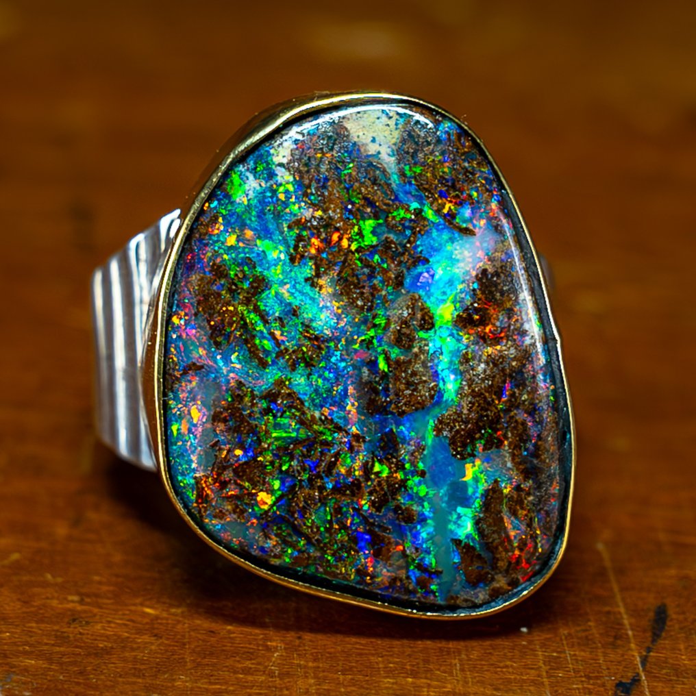 High Quality Natural Boulder Opal 925 Silver & Gold Plated Ring- 62.6ct- 12.52 g #1.1