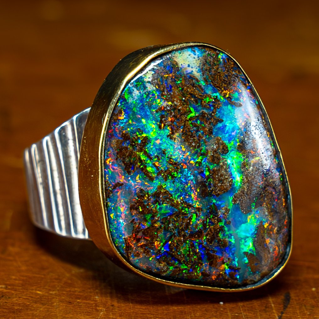 High Quality Natural Boulder Opal 925 Silver & Gold Plated Ring- 62.6ct- 12.52 g #1.2