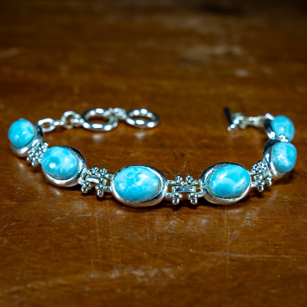 Très rare bracelet Larimar océan bleu naturel AAA+++ en argent 925, 142,9 cts- 28.58 g #2.1