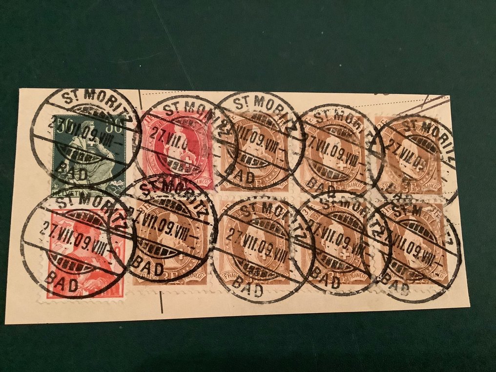 Zwitserland 1907/1909 - 3Fr staande Helvetia in block van 7 - met fotocertificaat Guinand - Zumstein 99Aa, 100Bb, 113a en 120c #3.1