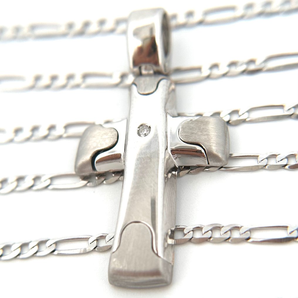 Collana con pendente a croce con diamantino - 6,6 gr - 50 cm - 頸鏈 - 18 克拉 白金 鉆石 #1.2