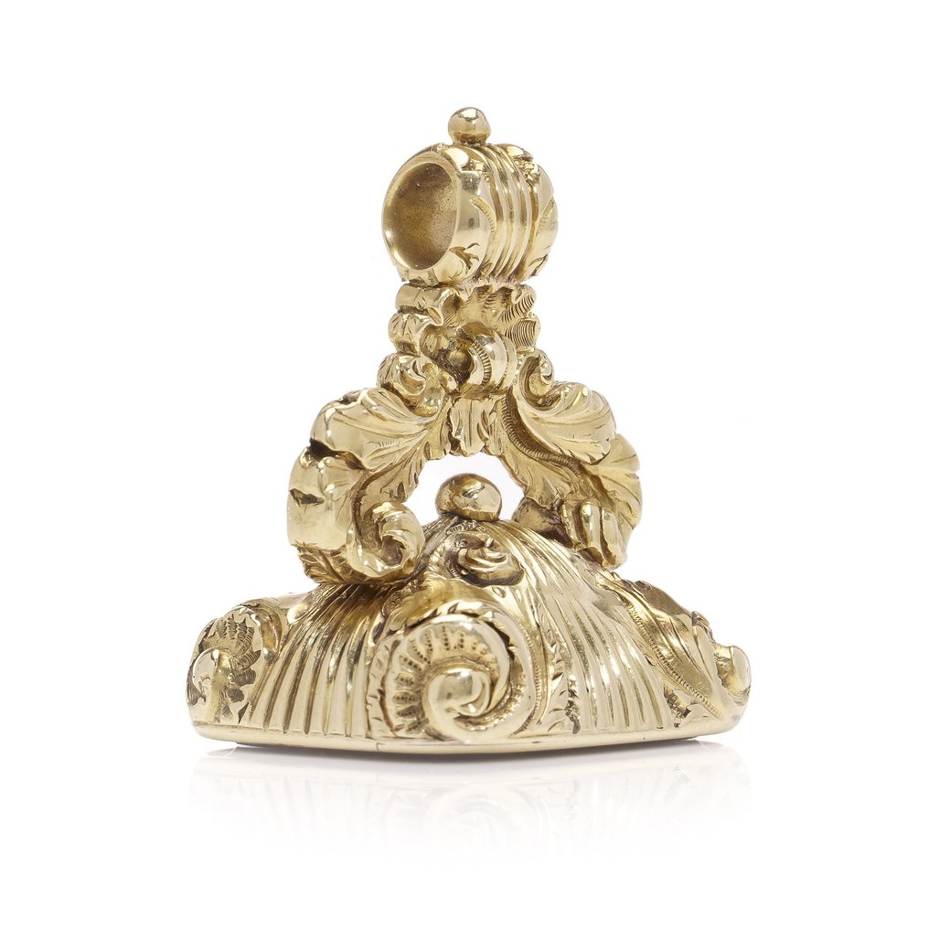 Pendant Victorian 15kt. yellow gold seal fob with Irving family coat of arms and motto #2.1