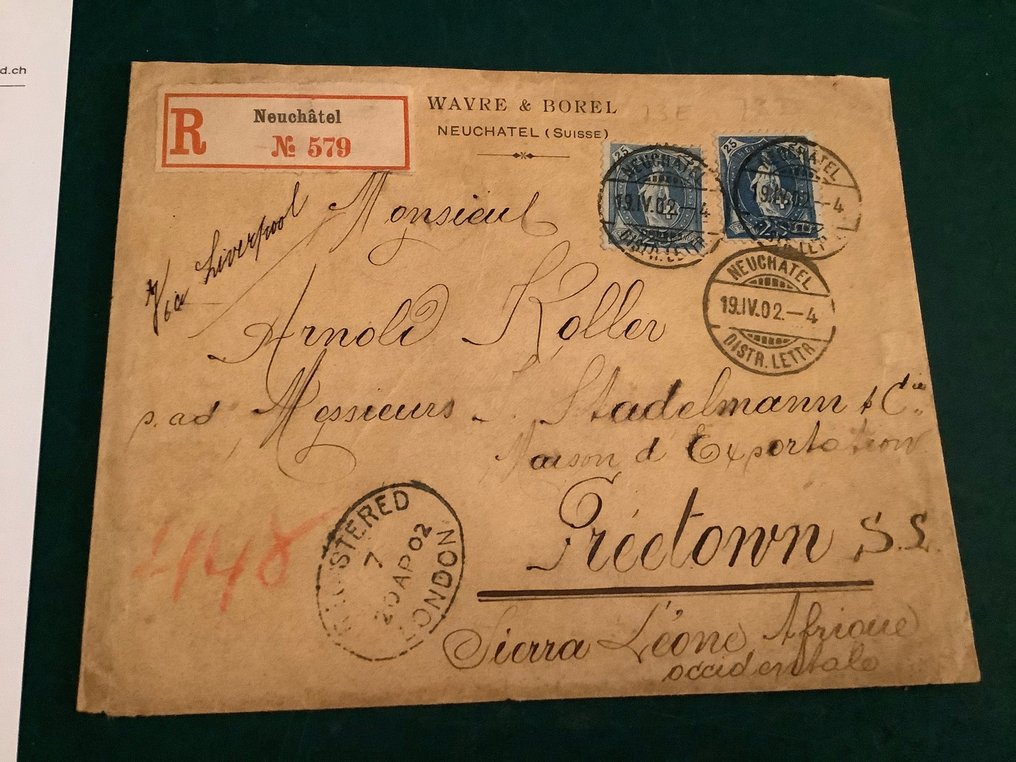 Sveits 1902 - Rekommandert brev til Sierra Leone - med fotosertifikat Marchand - Zumstein 73D en 73E #3.1
