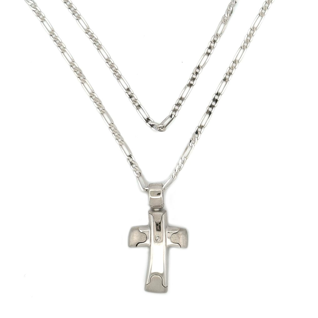 Collana con pendente a croce con diamantino - 6,6 gr - 50 cm - Colar - 18 K Ouro branco Diamante  #1.1