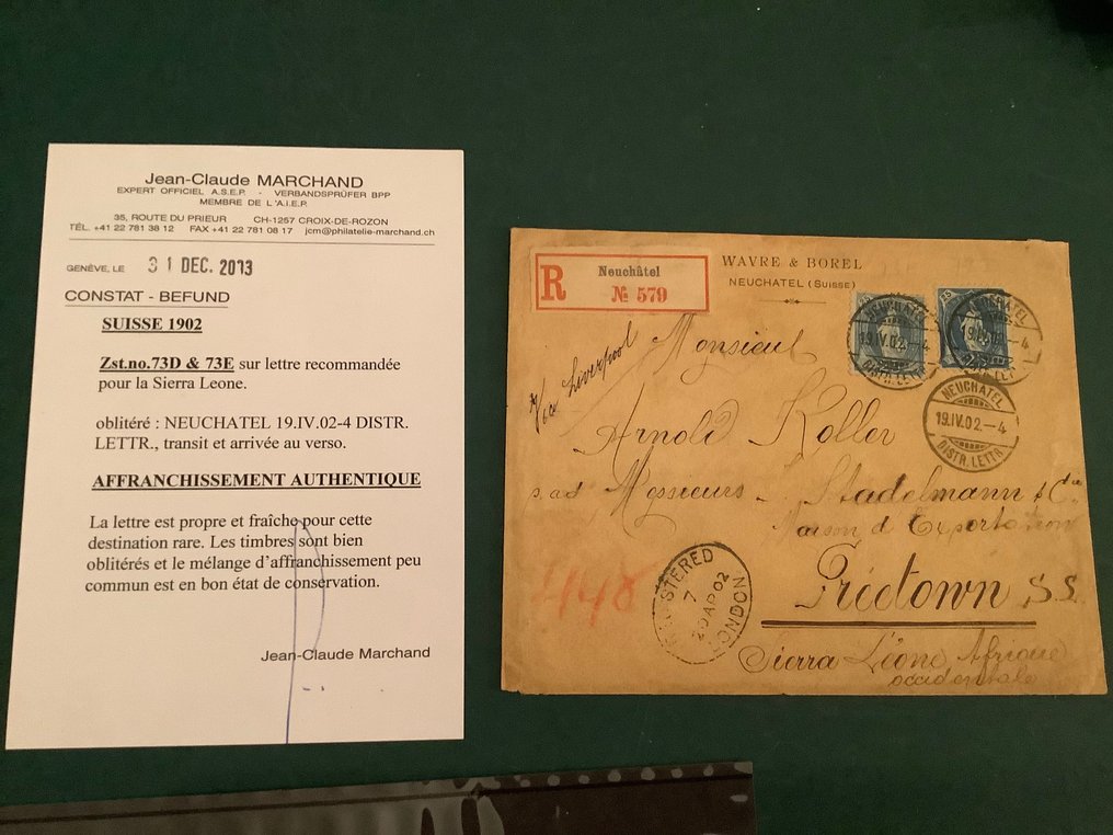 瑞士 1902 - 給塞拉利昂的掛號信 - 帶照片證書 Marchand - Zumstein 73D en 73E #2.2