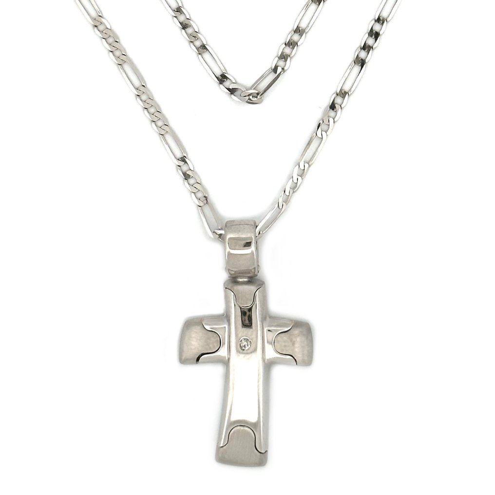 Collana con pendente a croce con diamantino - 6,6 gr - 50 cm - Halsketting - 18 karaat Witgoud Diamant  #2.1