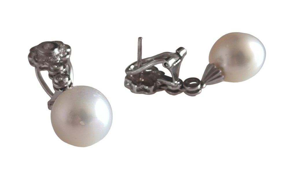 耳環 - 18 克拉 白金 鉆石  (天然) - 珍珠 #3.2