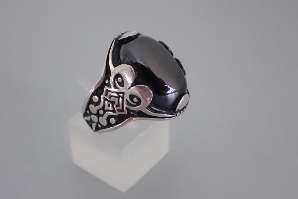 Srebro - Pierścionek - Pierścień z hematytu sowy #4.3