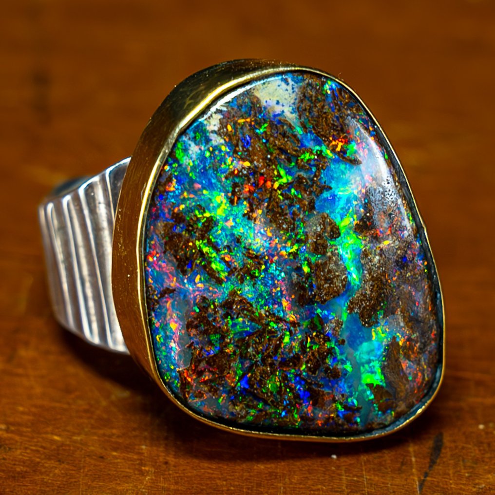 High Quality Natural Boulder Opal 925 Silver & Gold Plated Ring- 62.6ct- 12.52 g #2.1