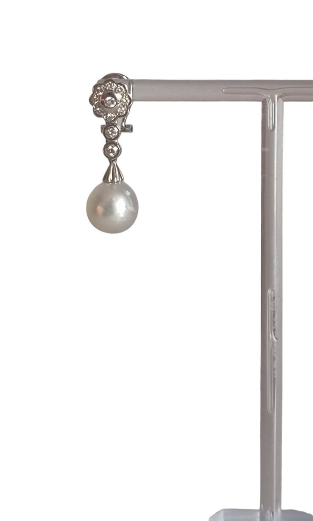 耳環 - 18 克拉 白金 鉆石  (天然) - 珍珠 #2.1