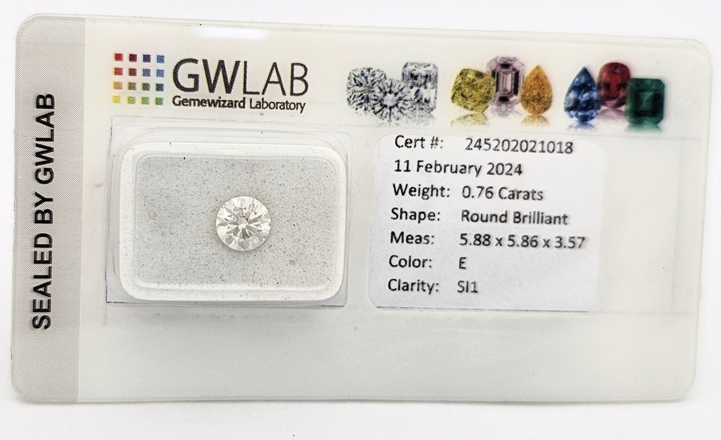 1 pcs Timantti  (Luonnollinen)  - 0.76 ct - Pyöreä - E - SI1 - Gemewizardin gemologinen laboratorio (GWLab) #3.2