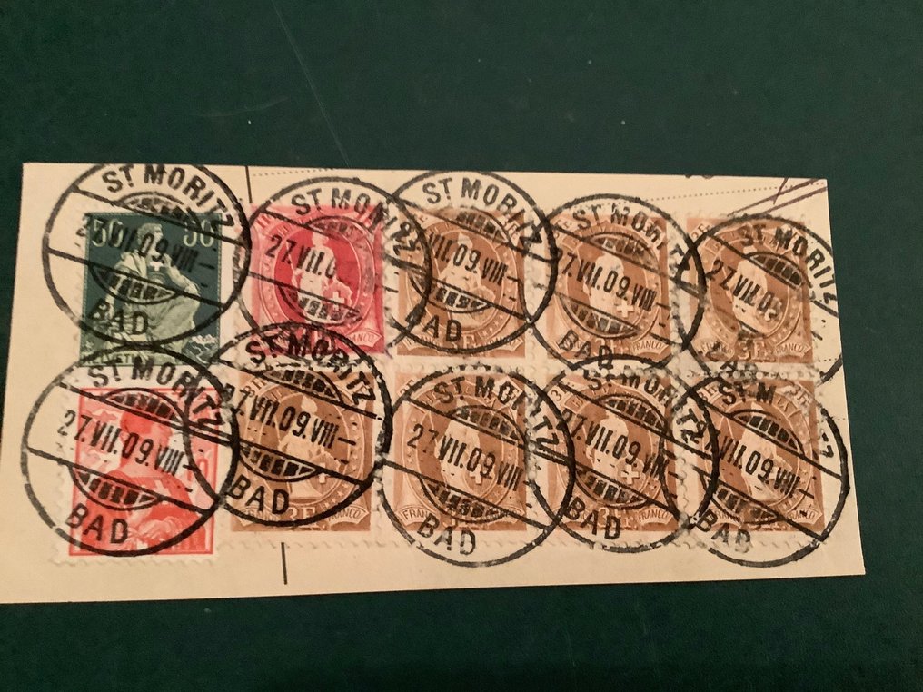 Schweiz 1907/1909 - 3Fr stående Helvetia i blok af 7 - med fotocertifikat Guinand - Zumstein 99Aa, 100Bb, 113a en 120c #1.1