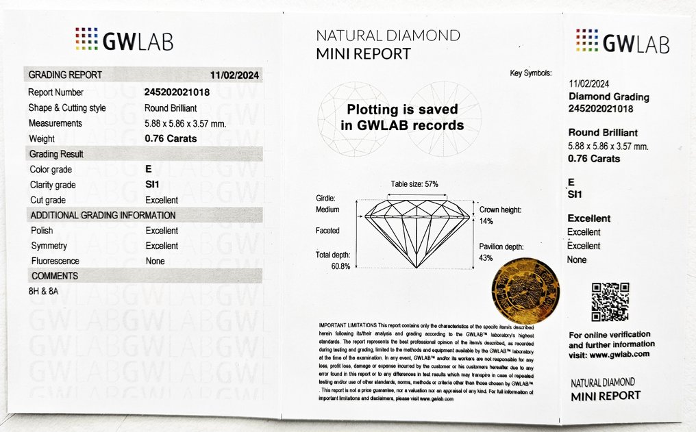 1 pcs Diamante  (Naturale)  - 0.76 ct - Rotondo - E - SI1 - Gemewizard Gemological Laboratory (GWLab) #2.1
