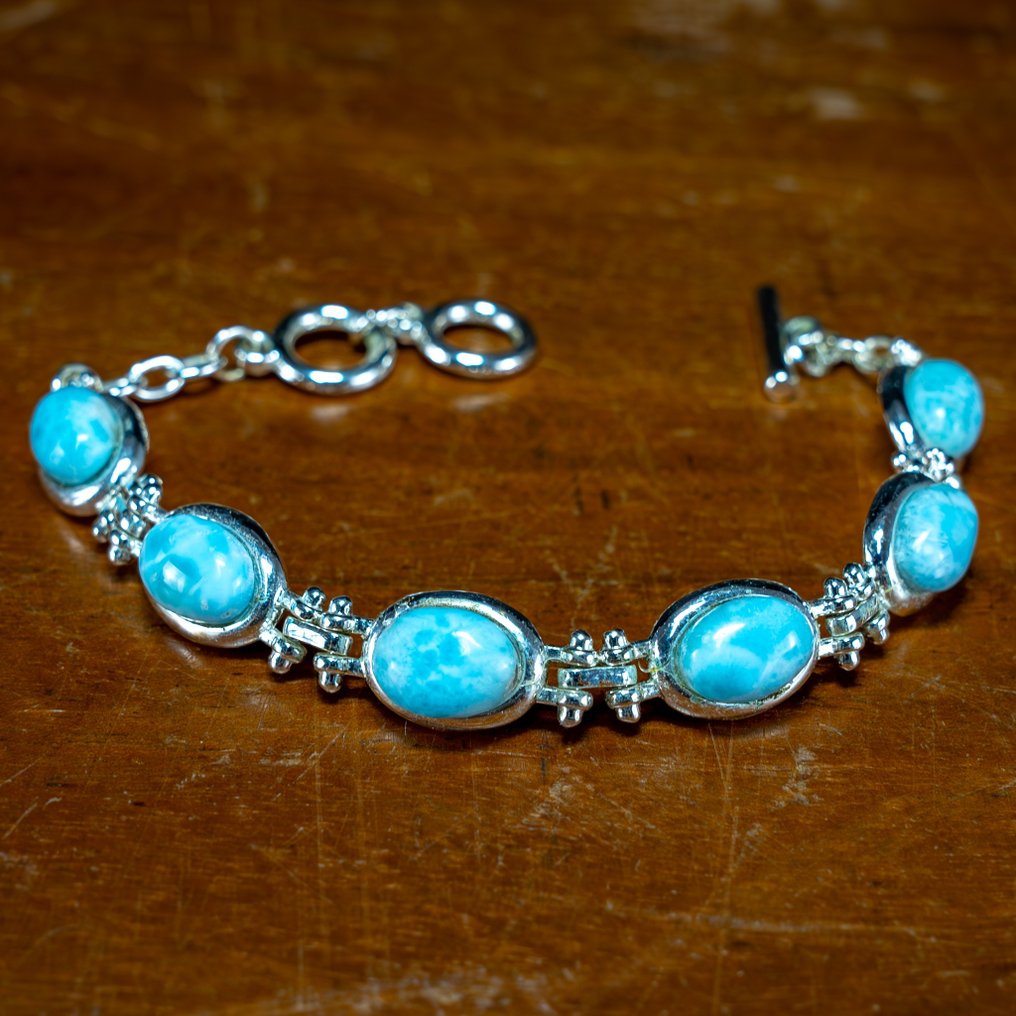 Très rare bracelet Larimar océan bleu naturel AAA+++ en argent 925, 142,9 cts- 28.58 g #1.2