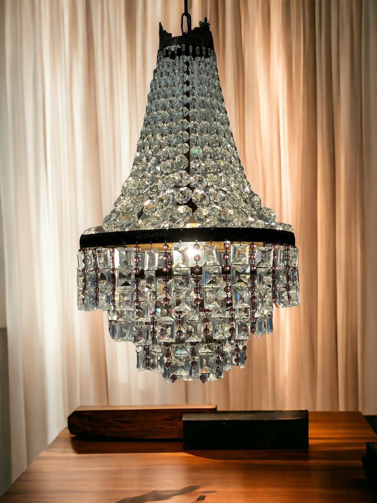 枝形吊燈 - 法國帝國風格青銅和切割水晶瀑布吊燈 - 水晶, 青銅色 #1.1