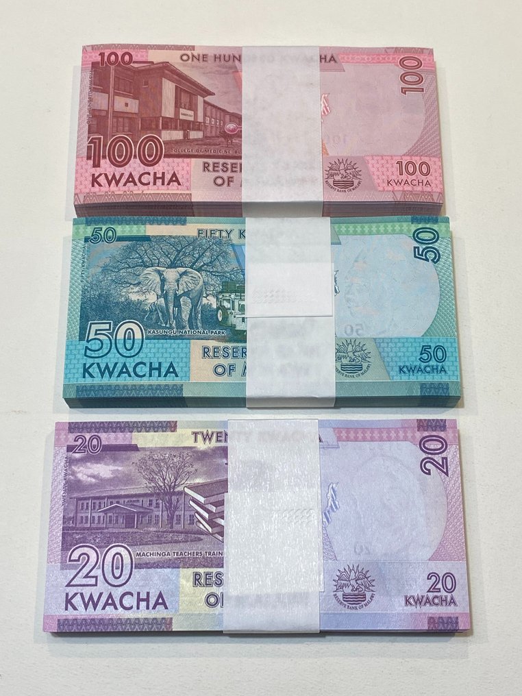 Μαλάουι. - 100 x 20, 50, 100 Kwachas 2019-2020 - 3 Bundles - Pick 63, 64, 65 #2.1