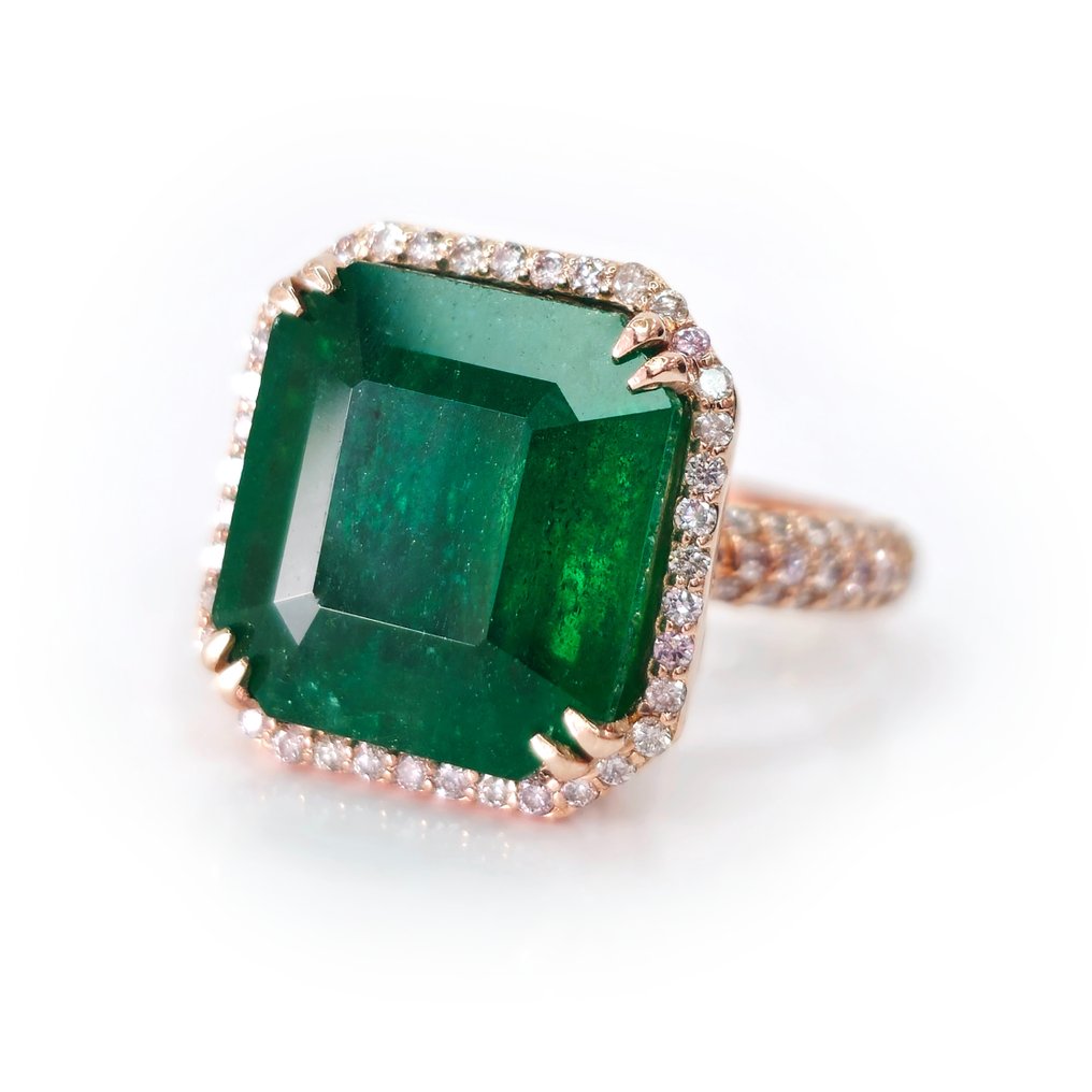 8.93 ct Green Emerald & 0.62 ct Light Pink Diamond Ring - Gyűrű - 14 kt. Rózsa arany Smaragd #1.2