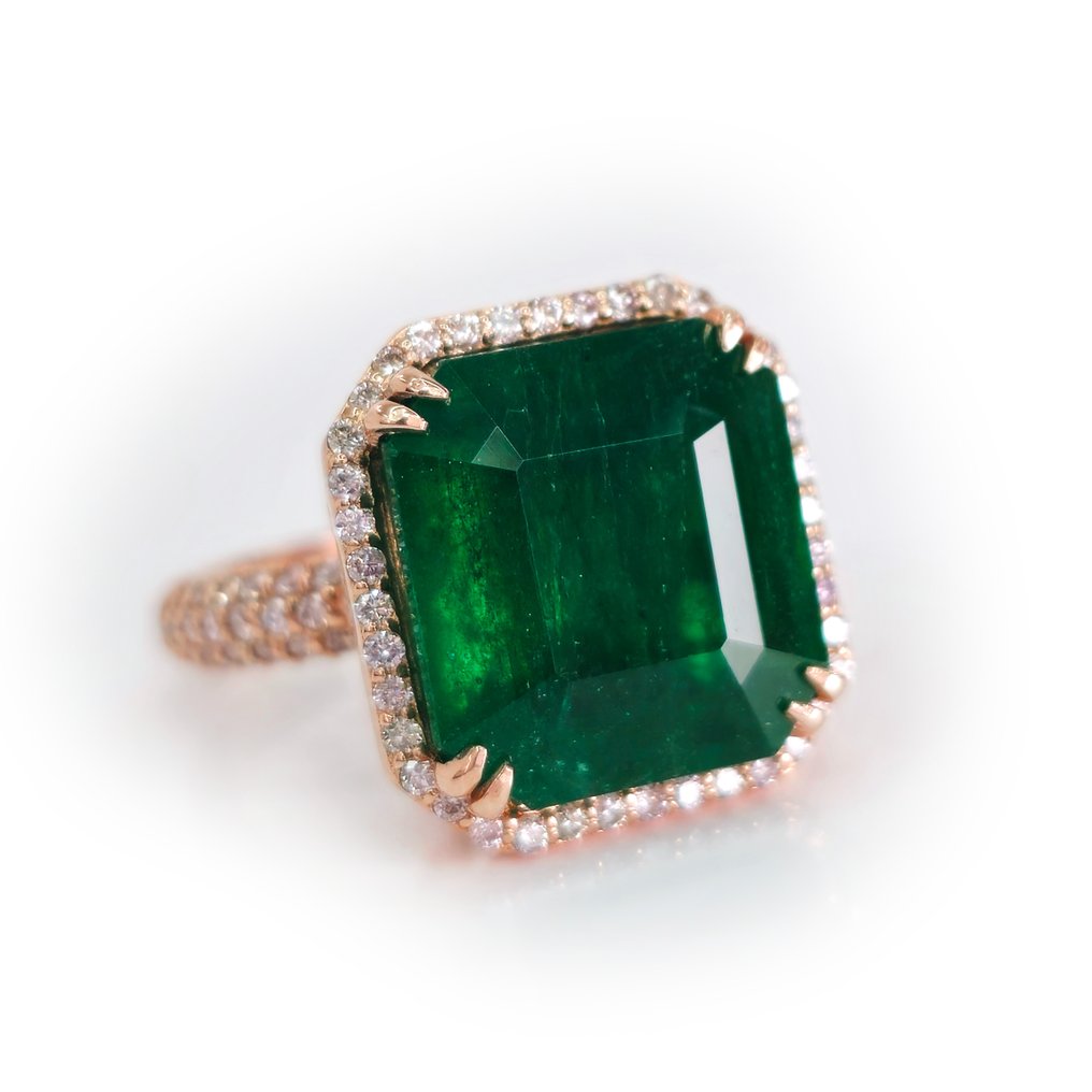 8.93 ct Green Emerald & 0.62 ct Light Pink Diamond Ring - 戒指 - 14K包金 玫瑰金 祖母绿 #2.1