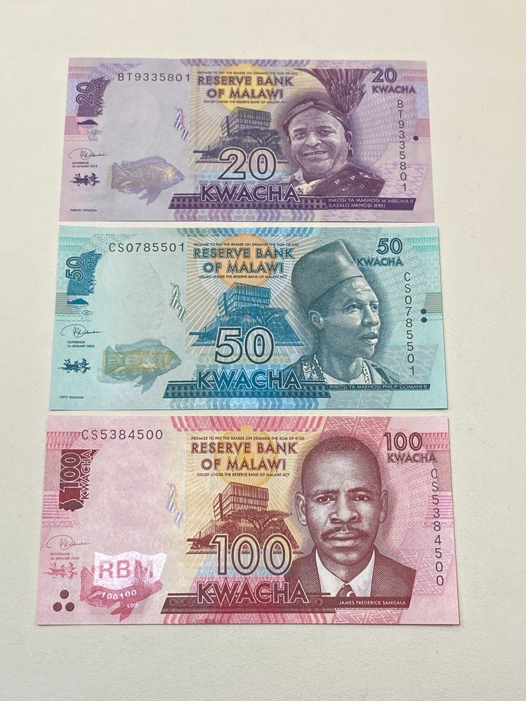 Malawi. - 100 x 20, 50, 100 Kwachas 2019-2020 - 3 Bundles - Pick 63, 64, 65 #1.2