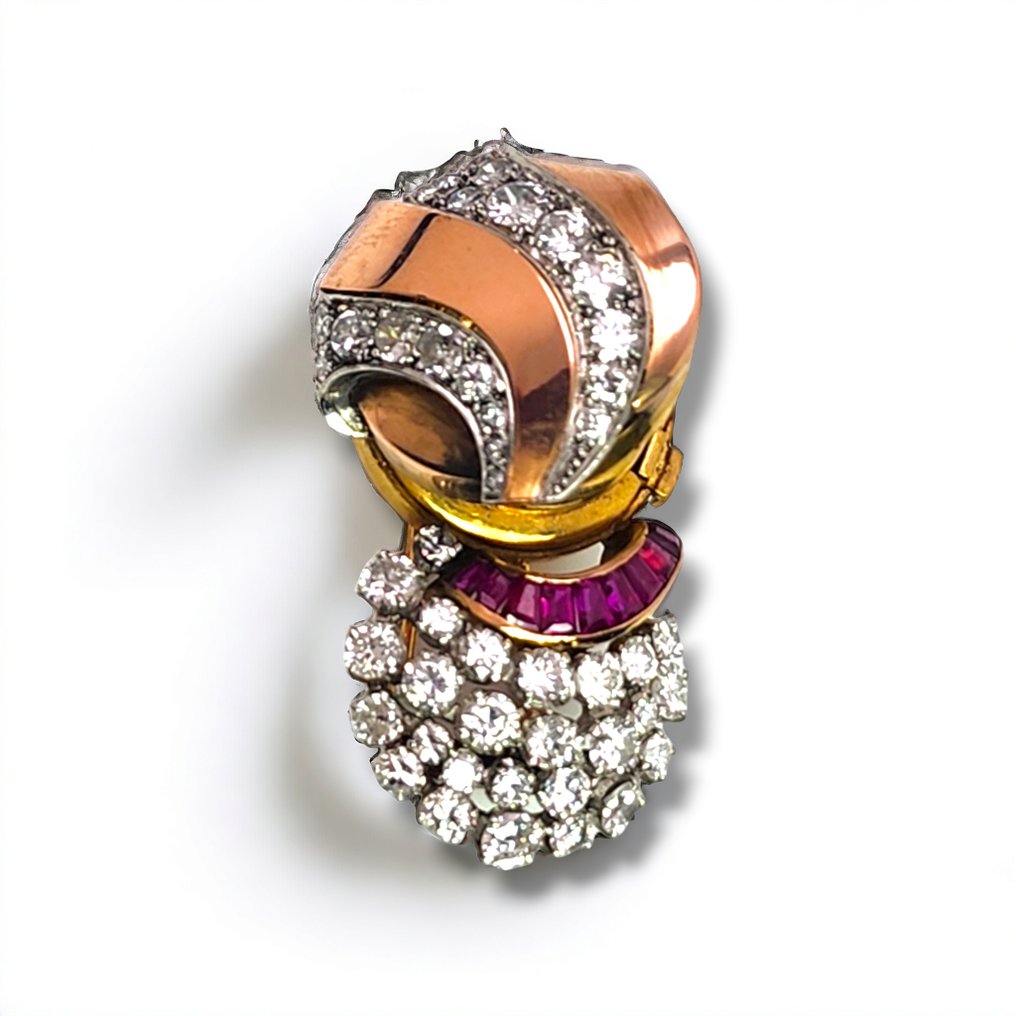 Meyer George - Spilla Spilla per orologio Art Déco in oro 18 carati con diamanti e rubini, Francia circa 1920 #1.1