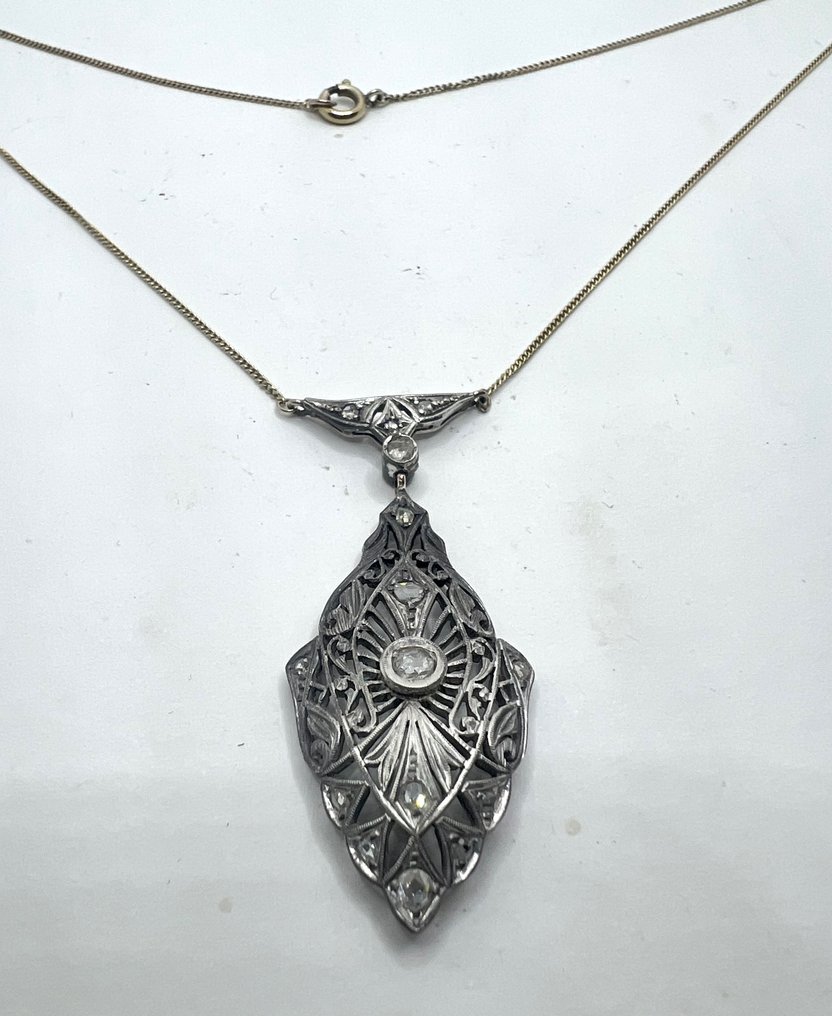 Halsband med hänge Gult guld, Silver Diamant  (Natural) #1.2