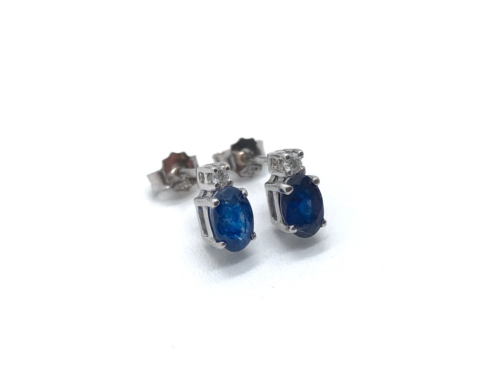 没有保留价 - 耳环 - 14K包金 白金 蓝宝石 - 钻石 #4.3