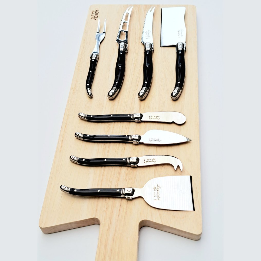 Laguiole - 8x Cheese knives - Wood Serving Board - style de - Bordknive sæt (9) - Rustfrit stål #1.0