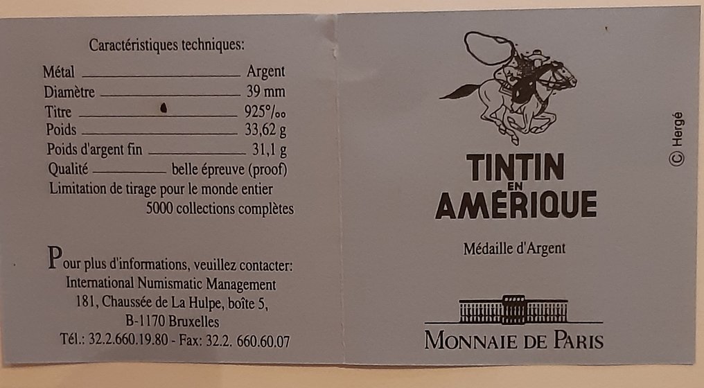 Tintin 1132 - Médaille en argent Monnaie de Paris - Tintin en Amérique - 1 Fiocco d'argento - Edizione limitata e numerata - 1993 #4.3