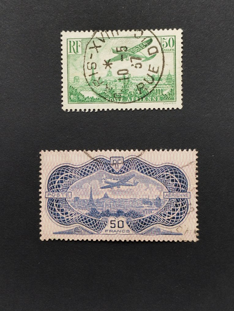 Frankreich 1936 - Luftpost 50 f. dunkelgrün und 50 f. burélé - Yvert PA N° 14b et 15 - Superbes dont signé #1.1