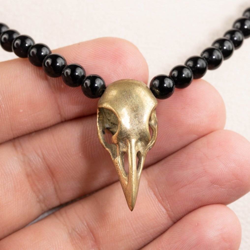 Black Onix And Brass Element - Bird Skull - Taxidermy full body mount - Collana - 700 mm - 5 mm - 5 mm #1.1