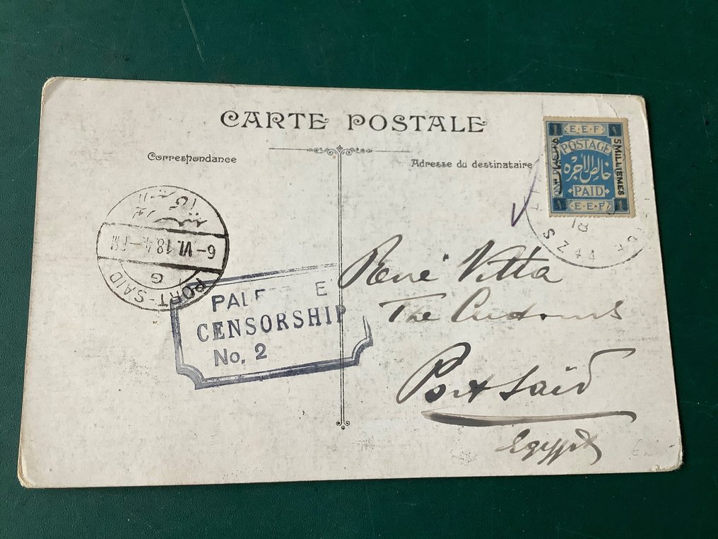 Palestina 1918 - 5 mil a 1 centavo de cobalto en una tarjeta de censura - SG 2 #1.1