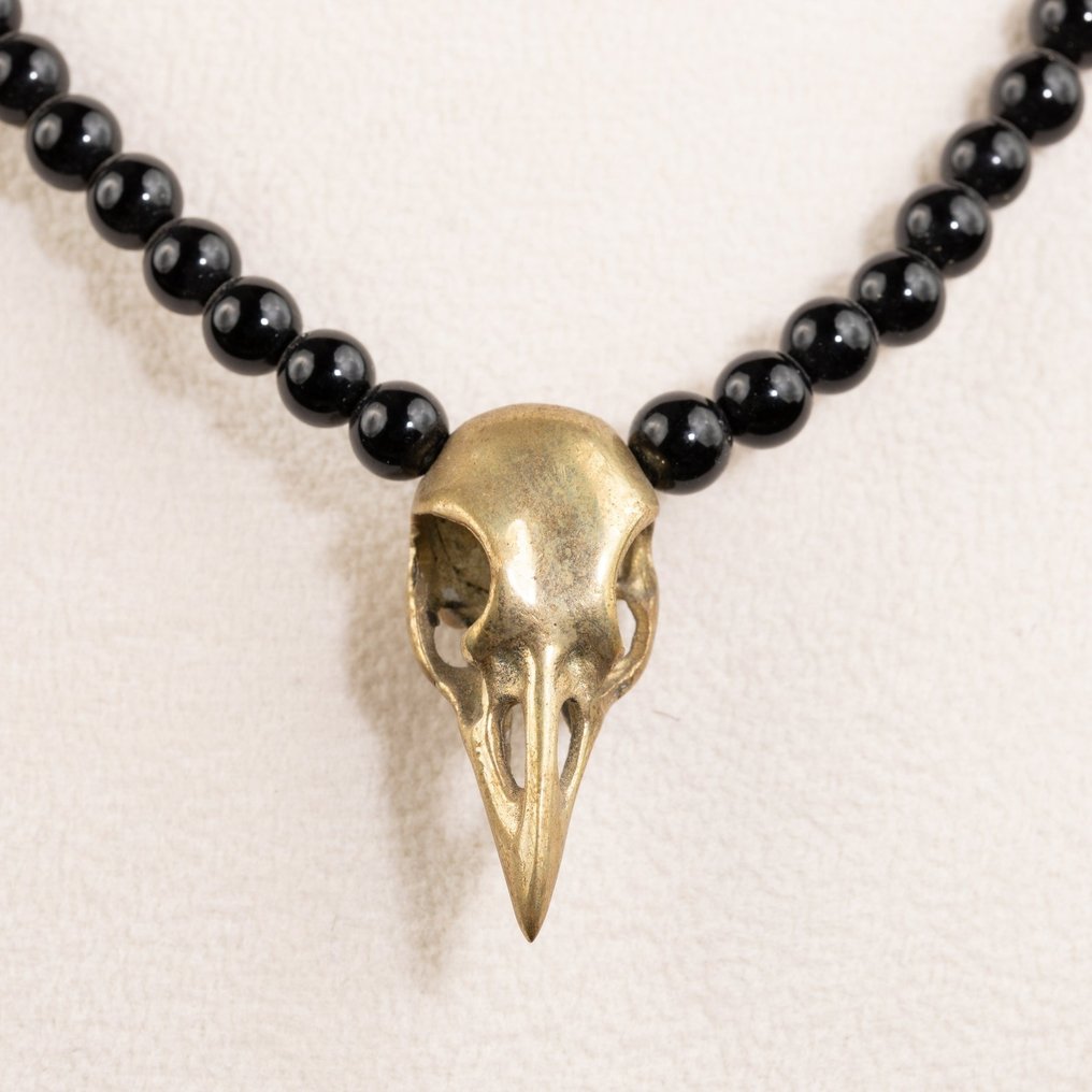 Black Onix And Brass Element - Bird Skull - Taxidermy full body mount - Collana - 700 mm - 5 mm - 5 mm #1.2