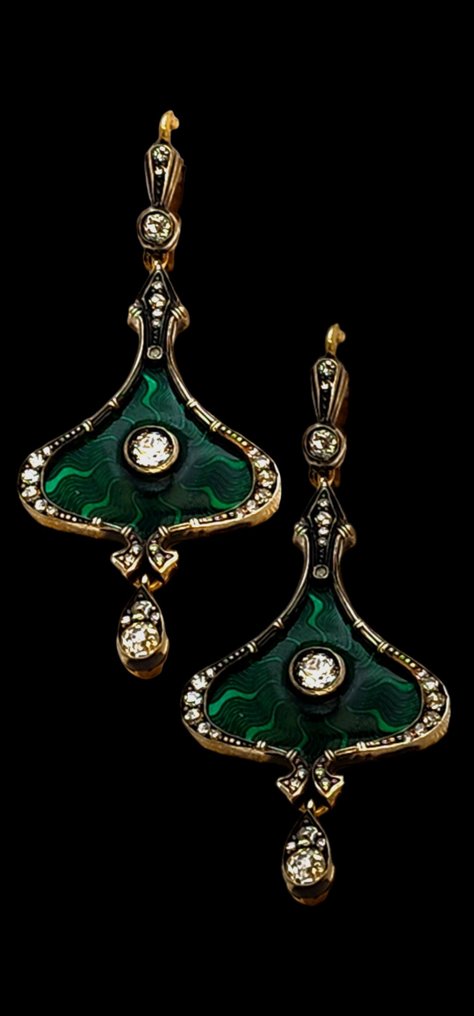 Øreringe Imperial Russian Antique 56 guld (14k guld) Art Deco diamantemaljeøreringe 1,30 karat Russe #2.1