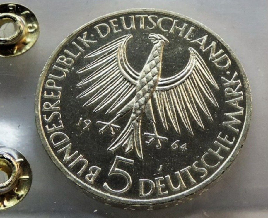 Deutschland, Bundesrepublik. 5 Mark 1964-J, Hamburg. Johann Gottlieb Fichte, Todestag. Proof #2.2