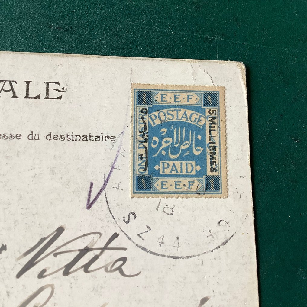 Palestina 1918 - 5 mil a 1 centavo de cobalto em um cartão de censura - SG 2 #2.1