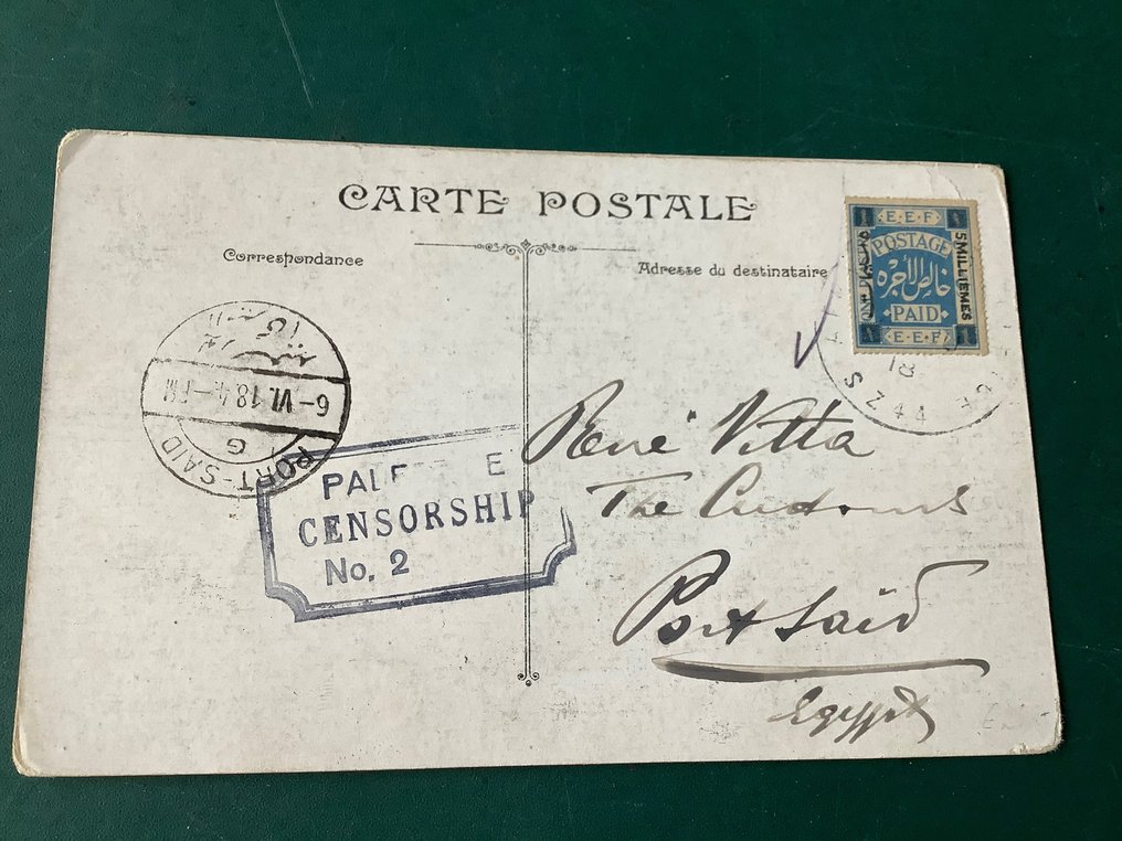 Palestina 1918 - 5 mil a 1 centavo de cobalto em um cartão de censura - SG 2 #3.1