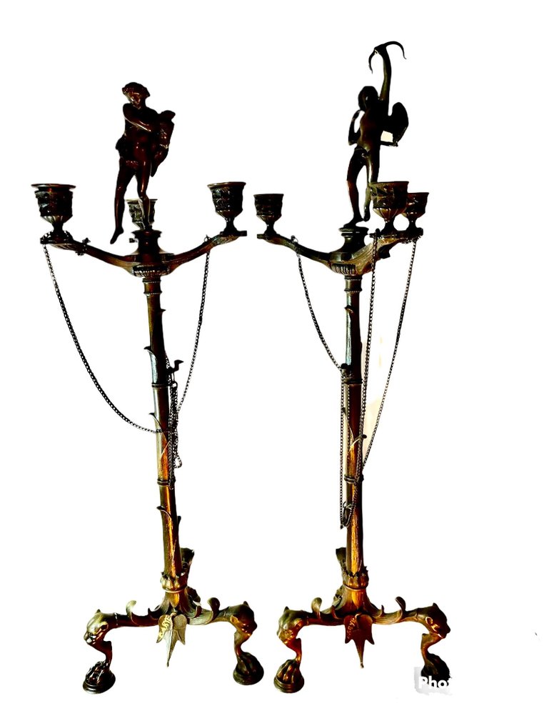 Rzeźba, Candélabres antiques à trois lumières - 63 cm - Brąz patynowany - 1845 #1.1