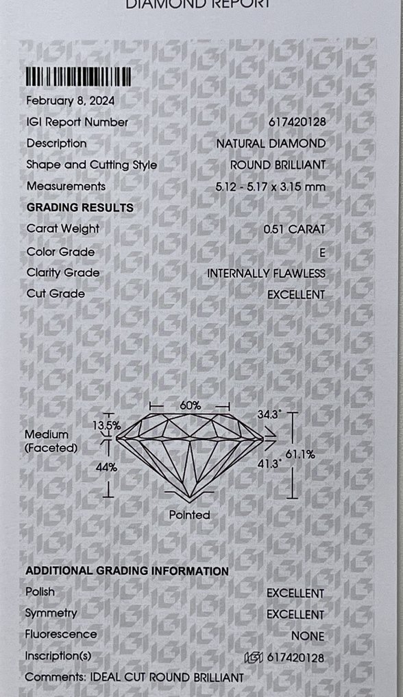 1 pcs 鑽石  (天然)  - 0.51 ct - 圓形 - E(近乎完全無色) - IF - 國際寶石學院（International Gemological Institute (IGI)） #2.2