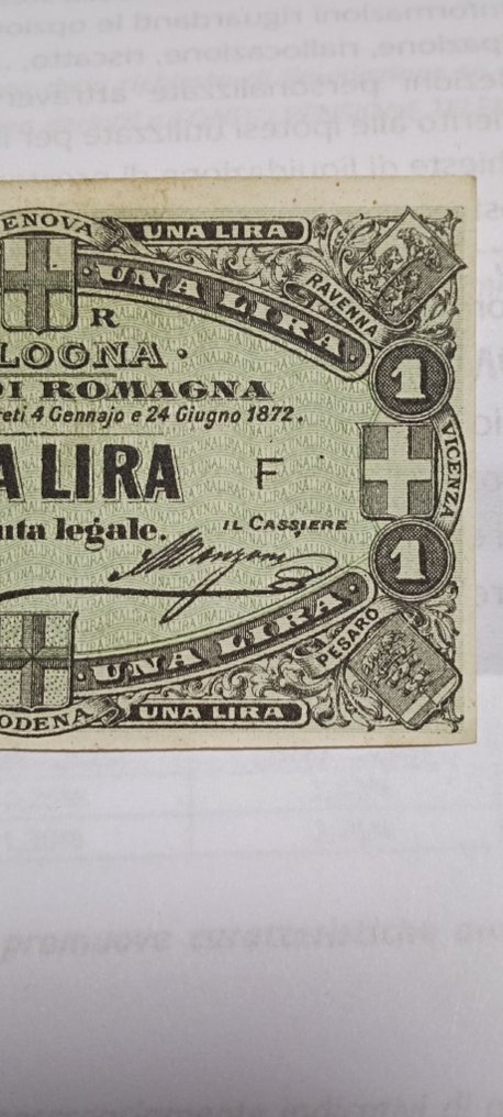Włochy. - 1 Lira 24/06/1872 Bologna Banca di Romagna - GV. Boa. 06.0710.3 #3.1