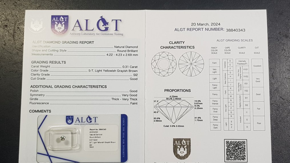 No Reserve Price - 1 pcs Diamond  (Natural)  - 0.31 ct - SI2 - Antwerp Laboratory for Gemstone Testing (ALGT) - S - T #3.1