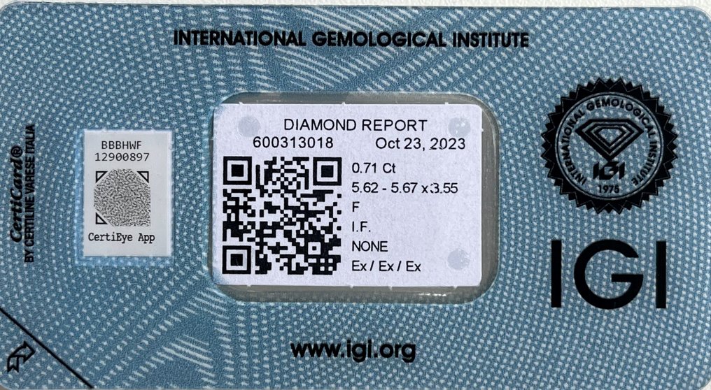 1 pcs Diamant  (Natuurlijk)  - 0.71 ct - Rond - F - IF - Istituto Gemmologico Italiano (IGI) #2.1