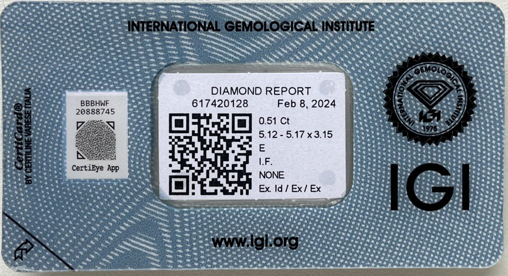 1 pcs Diamante  (Naturale)  - 0.51 ct - Rotondo - E - IF - International Gemological Institute (IGI) #3.1