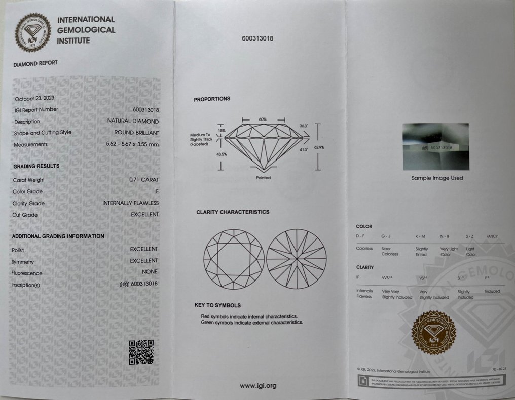 1 pcs Diamant  (Natuurlijk)  - 0.71 ct - Rond - F - IF - Istituto Gemmologico Italiano (IGI) #3.1