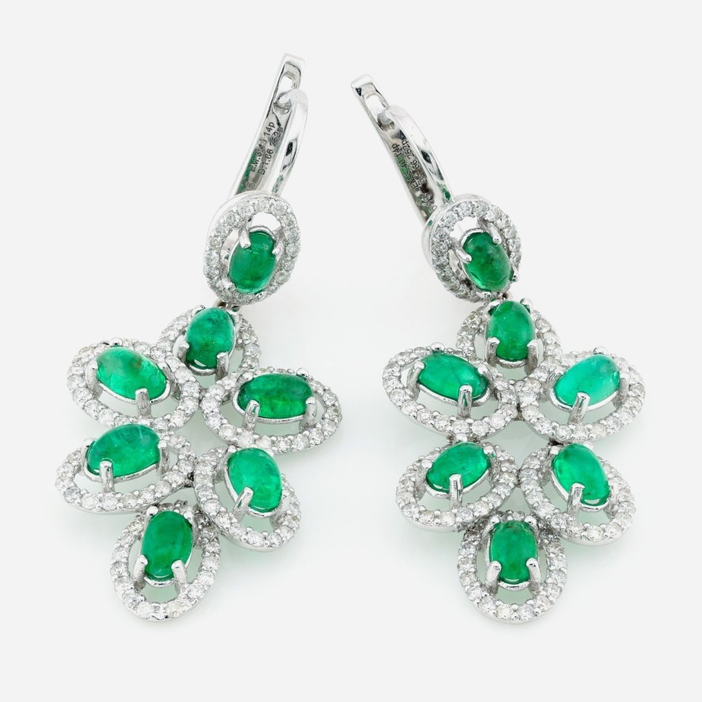 (ALGT Certified) - Emerald (3.40) Cts (14) Pcs Diamond (1.66) Cts (252) Pcs - Earrings - 14 kt. White gold #1.2